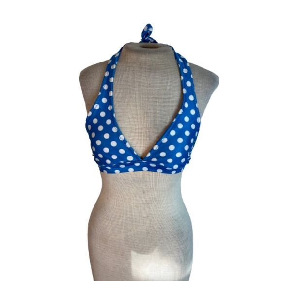 Smack Sportswear Polka Dot Halter Bikini Swim Top Blue White S Small - Picture 2 of 4